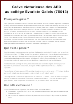 Téléchargement du Tract de victoire des AED grévistes du collège Évariste Galois