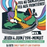 Affiche de la soirée "Feu au dancefloor, feu aux frontières" pour les 30 ans de l'occupation de l'église Saint Bernard
