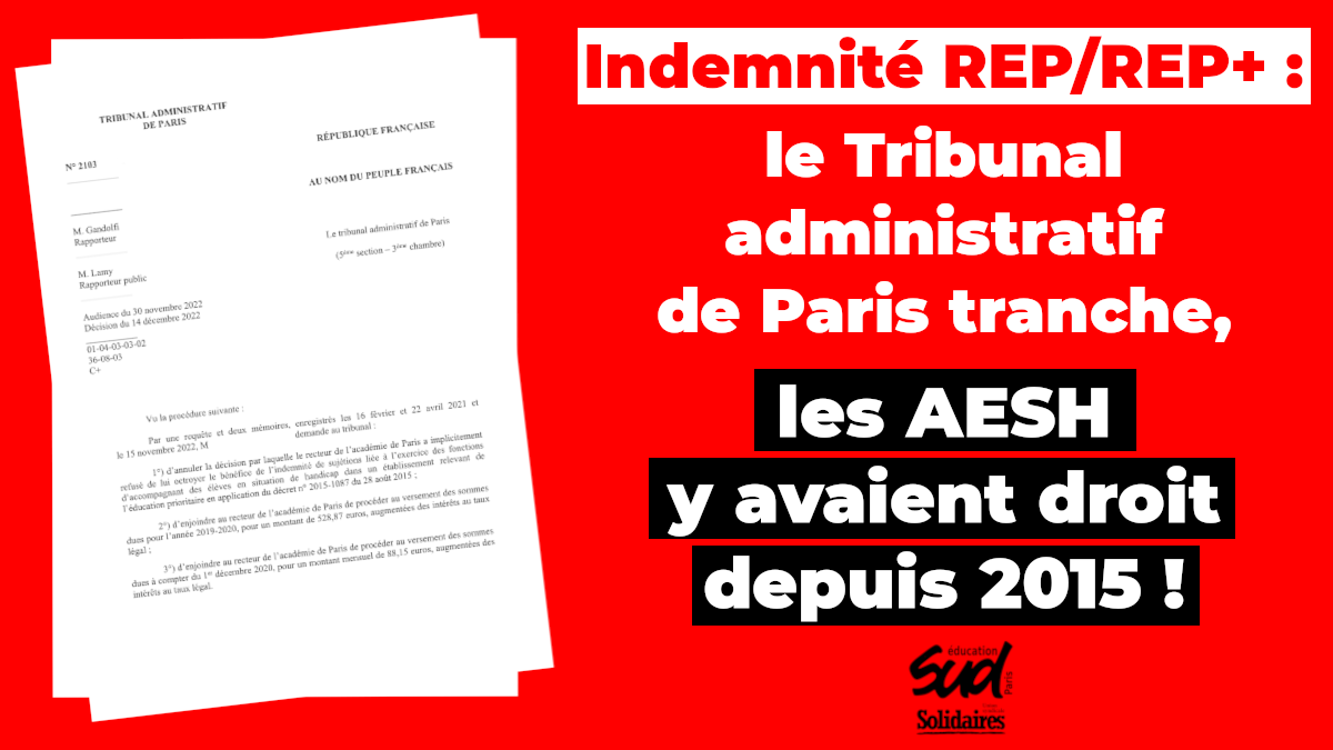 Indemnité REP/REP+ le Tribunal administratif tranche, les AESH y avaient droit depuis 2015